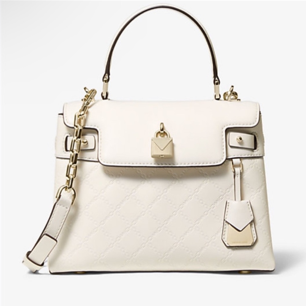 Brand new Michael Kors Gramercy Ladies Acorn Leather Satchel Bag light cream